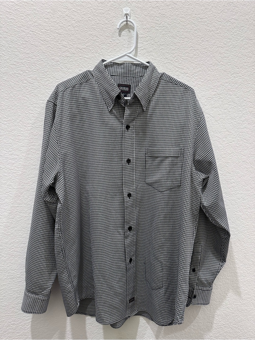 Guess Mens Long Sleeve Gingham Button Down Shirt Black White Size L